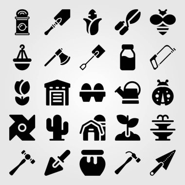 Bahçe simge vektör ayarlayın. kaktüs, kırpma makasları, Çeşme ve pot