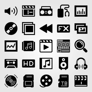 Multimedya vektör Icon set. SD kartı, Büyüteç, Klaket ve kulaklık