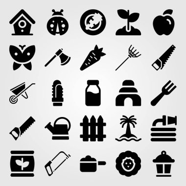 Bahçe vektör Icon set. ağaç, arı kovanı, çatal ve uğur böceği