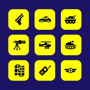 Askeri vektör Icon set. Araba, walkie talkie, silahını ve rozetini