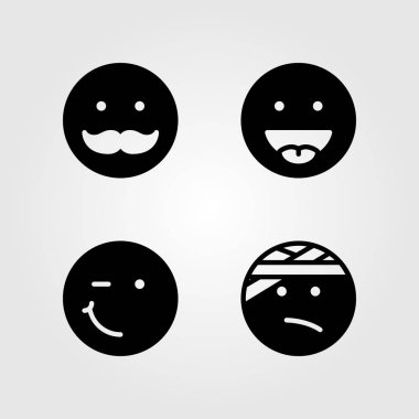 Duygular Icon set vektör. Bıyık, dil, yaralı ve gülümse