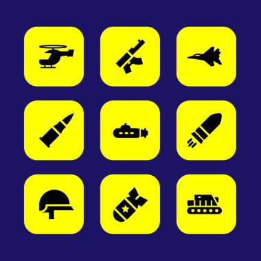 Askeri vektör Icon set. Helikopter, uçak, silah ve tank