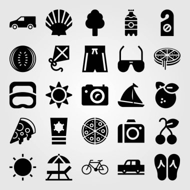 Yaz aylarında vektör Icon set. Güneş, Mayo, karpuz ve güneş şemsiyesi