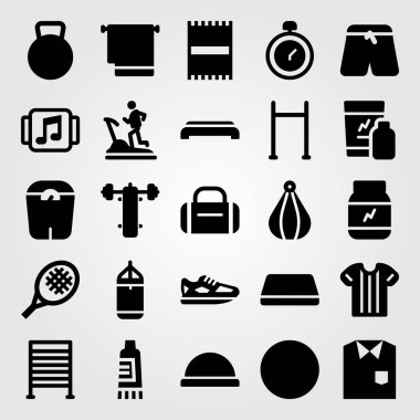 Fitness vektör Icon set. müzik çalar, kettlebell, tenis raketi ve sıra sıkıştırma