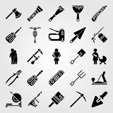 Araçlar simgesi vektör ayarlayın. elyaf silah, çatal, düzey ve kürek