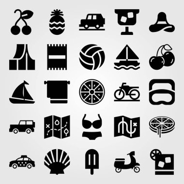 Yaz aylarında vektör Icon set. portakal, jeep, havlu ve ananas