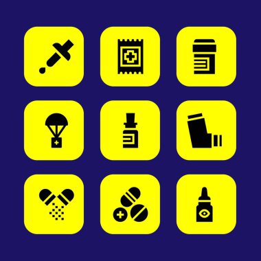 Tıp vektör Icon set. Grup yardım, yardım, pipet ve hapları