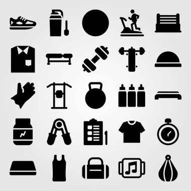 Fitness vektör Icon set. protein, müzik çalar, tezgah ve halter