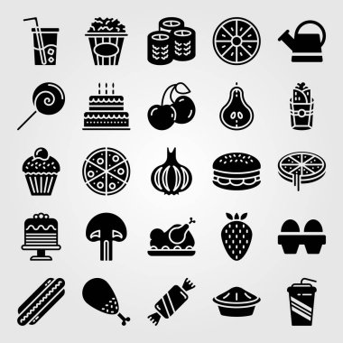 Yiyecek ve içecekler simge vektör ayarlayın. içki, mantar, burger ve sarımsak