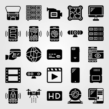 Teknoloji vektör Icon set. video kamera, sunucu, monitör ve hd