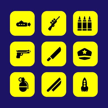 Askeri vektör Icon set. keskin nişancı, denizaltı, madde işaretleri ve asker şapkası