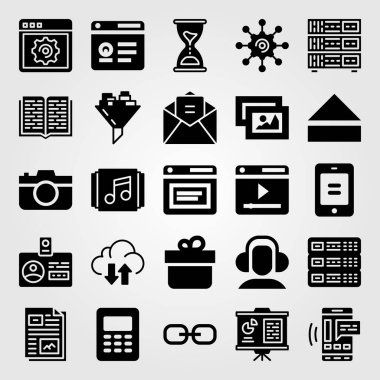 Temel vektör Icon set. çalma listesi, fotoğraf makinesi, bağlantı ve kum saati