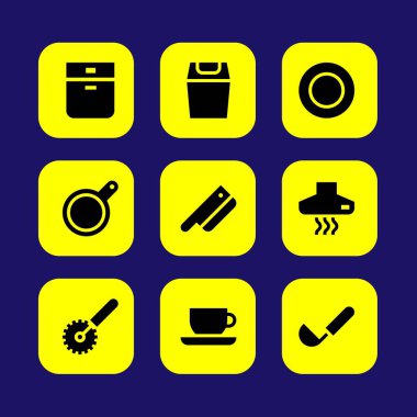 Mutfak vektör Icon set. fırın, bulaşık, pizza kesici ve çay bardağı