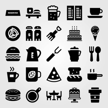 Restoran vektör Icon set. Menü, çay bardağı, burger ve çatal bıçak takımı