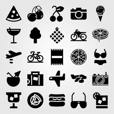 Yaz aylarında vektör Icon set. bavul, dondurma, kokteyl ve motosiklet