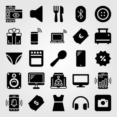 Alışveriş vektör Icon set. ekmek kızartma makinesi, çatal bıçak takımı, düğme ve sesini kapatma