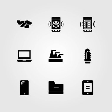 İş vektör Icon set. Uçak, dizüstü bilgisayar, piramit grafiği ve kaktüs