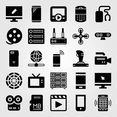 Teknoloji vektör Icon set. monitör, radar, film rulo ve akıllı telefon