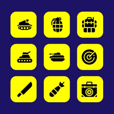 Silah vektör Icon set. Tank, İlkyardım çantası, torpido ve bıçak