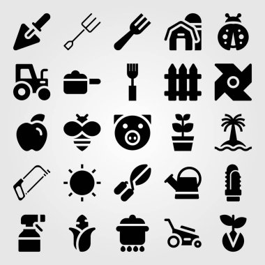 Bahçe vektör Icon set. çit, çimlenme, çim biçme makinesi ve Mısır