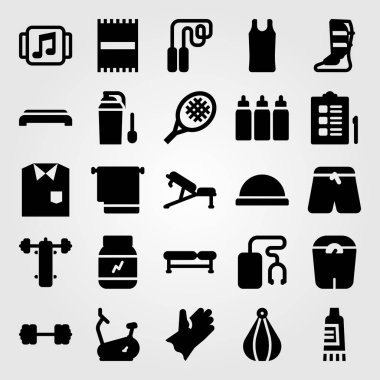 Fitness vektör Icon set. müzik çalar, tenis raketi, spor pantolon ve kapsül