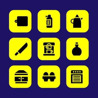 Mutfak vektör Icon set. çıkarıcı hood, kahve makinesi, zeytin yağı ve bıçak