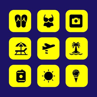 Yaz aylarında vektör Icon set. içki, güneş, mayo ve fotoğraf kamera