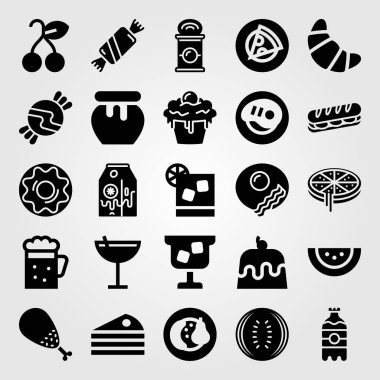 Yiyecek ve içecekler Icon set vektör. kokteyl, kek, pasta ve kiraz