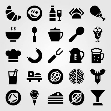 Restoran vektör Icon set. kruvasan, su ısıtıcısı, peçete ve çatal