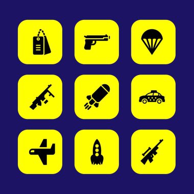 Askeri vektör Icon set. bomba, uçak, paraşüt ve Etiketler