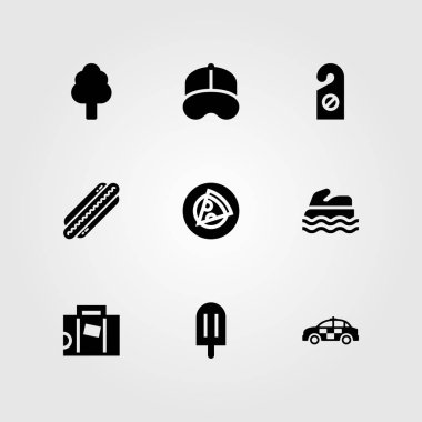 Yaz aylarında vektör Icon set. Dondurma, ağaç, araba ve sosisli sandviç
