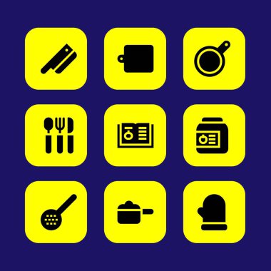 Mutfak vektör Icon set. Cleaver, mutfak kurulu, konserve ve mitten
