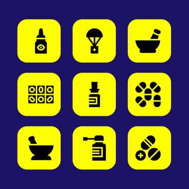 Tıp vektör Icon set. Yardım, tıp, göz damlaları ve sprey