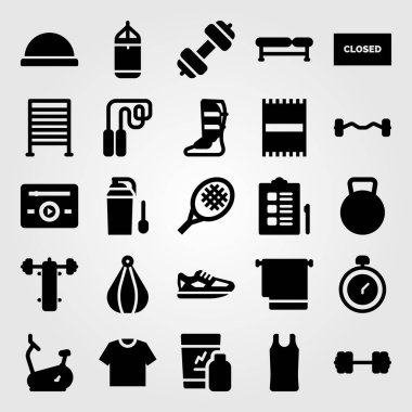 Fitness vektör Icon set. bar, kapalı, kettlebell ve müzik oyuncu Delme