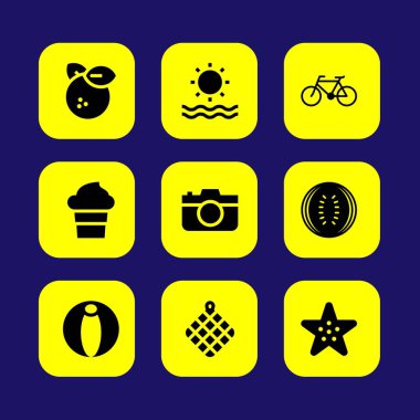 Yaz aylarında vektör Icon set. Deniz yıldızı, Bisiklet, portakal ve dondurma