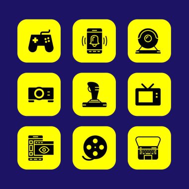 Teknoloji vektör Icon set. filmi oynatın, oyun çubuğu, dizüstü bilgisayar ve televizyon