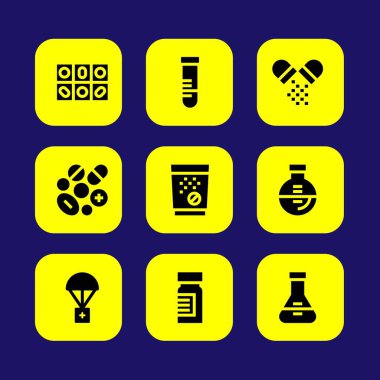 Tıp vektör Icon set. tüp, yardım, ilaç ve tıp