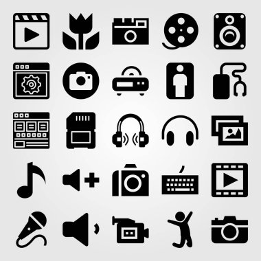 Multimedya vektör Icon set. hoparlör, müzik çalar, video kamera ve film rulo