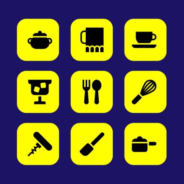 Mutfak vektör Icon set. Mikser, çay bardağı, tirbuşon ve çatal bıçak takımı