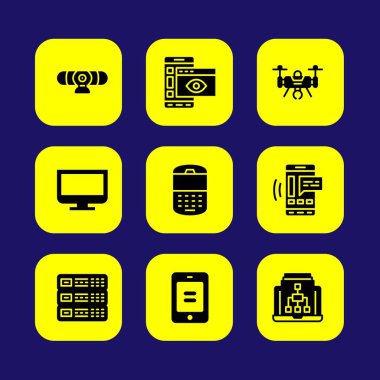 Teknoloji vektör Icon set. telefon, cep telefonu, monitör ve uçak
