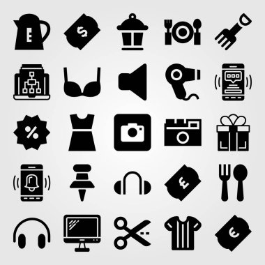 Alışveriş vektör Icon set. elbise, itme, hoparlör ve sesini kapatma