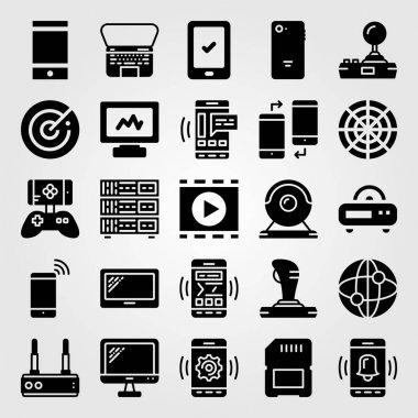 Teknoloji vektör Icon set. oyun kumandası, monitör, tv ve bilgisayar