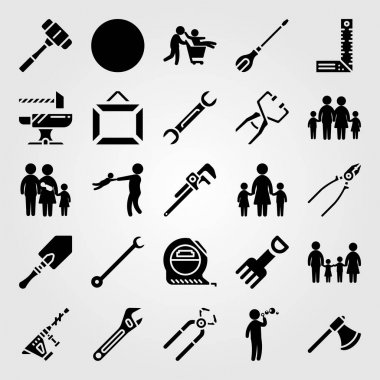 Araçlar simgesi vektör ayarlayın. çocuk, pense, iki chields ve bebek ile anne