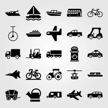 Ulaşım vektör Icon set. traktör, jet, golf ve sulama olabilir