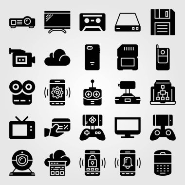 Teknoloji vektör Icon set. joystick, hafıza, sd kart ve film oyuncu