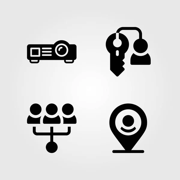 Set di icone vettoriali di discussione. chiave, proiettore, luogo e riunione — Vettoriale Stock