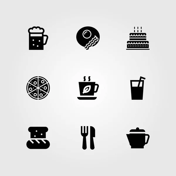 Restaurante vector icono conjunto. cubiertos, desayuno, pastel de cumpleaños y cerveza — Vector de stock