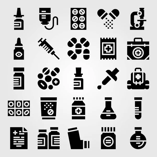 Conjunto de iconos de vector médico. contador de gotas, pastillas, microscopio y botiquín — Archivo Imágenes Vectoriales