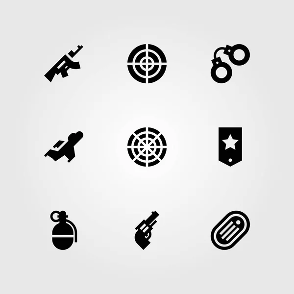 Набор векторных значков оружия. РЛС, истребитель, пушка и граната — стоковый вектор