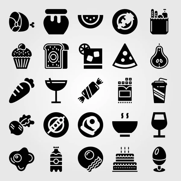 Yiyecek ve içecekler Icon set vektör. etli börek, jambon, et ve doğum günü pastası
